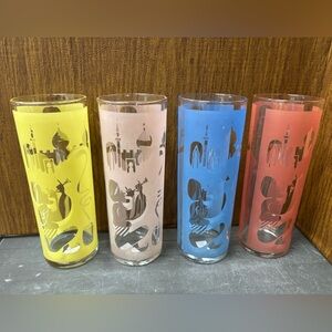 4 vintage tall cups glasses pink blue yellow Arabic belly dancer risqué frosted